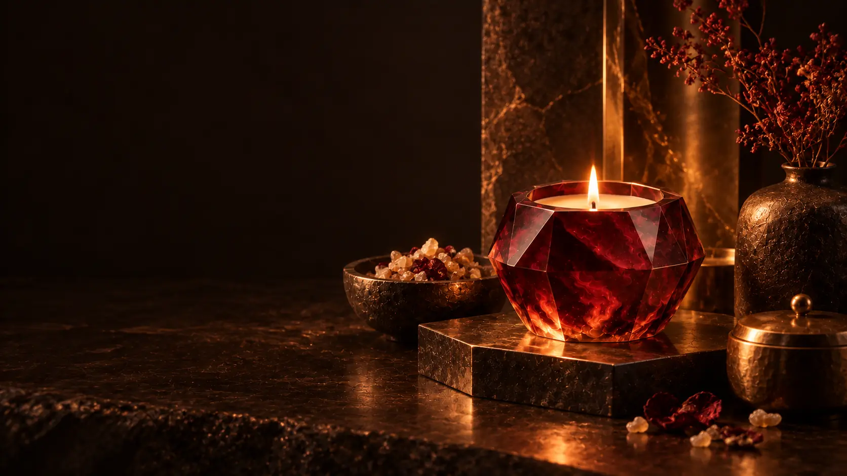 A sculptural hand-poured candle illuminated by warm ritual light