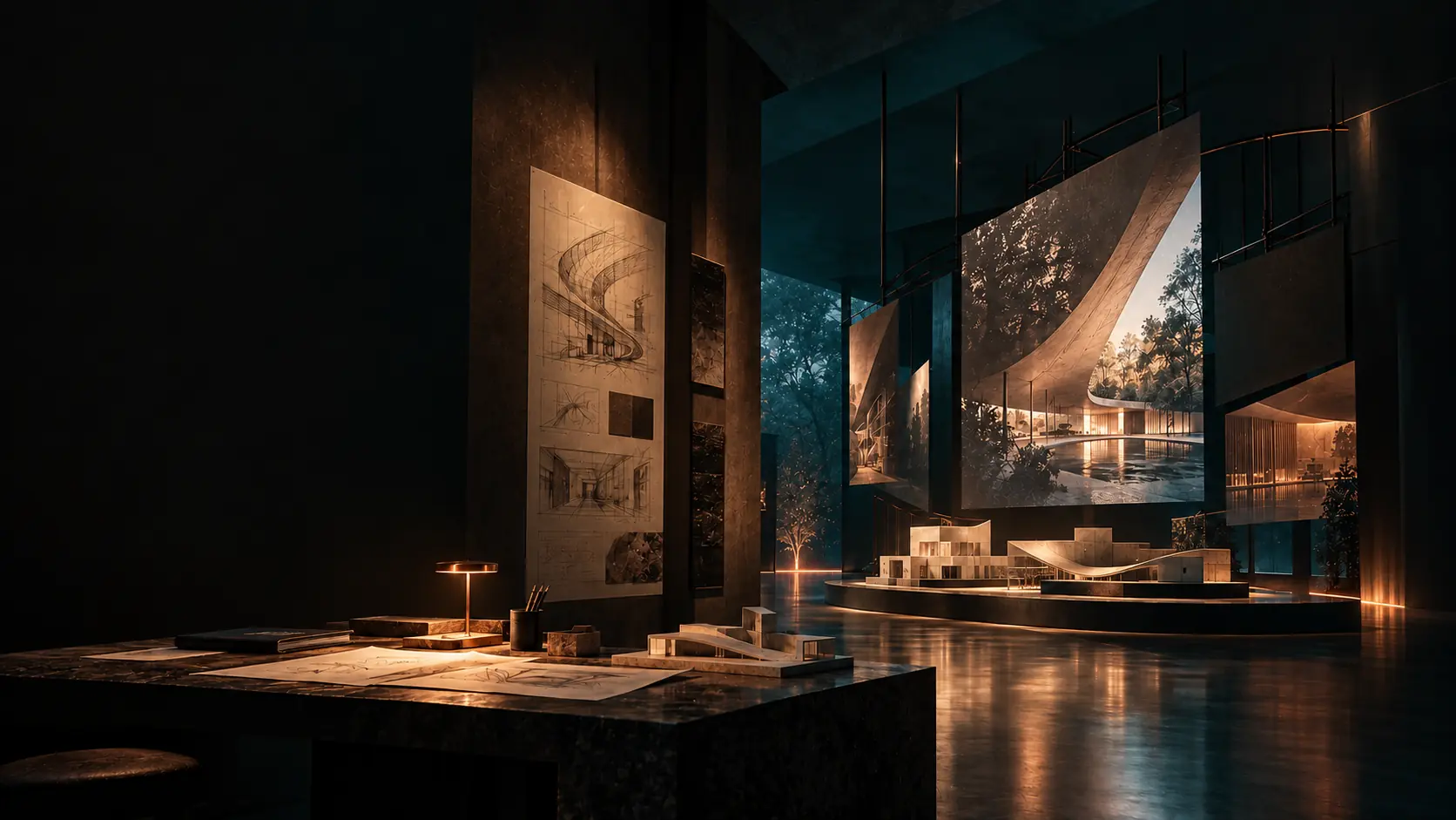 An architectural design studio with models and visual studies
